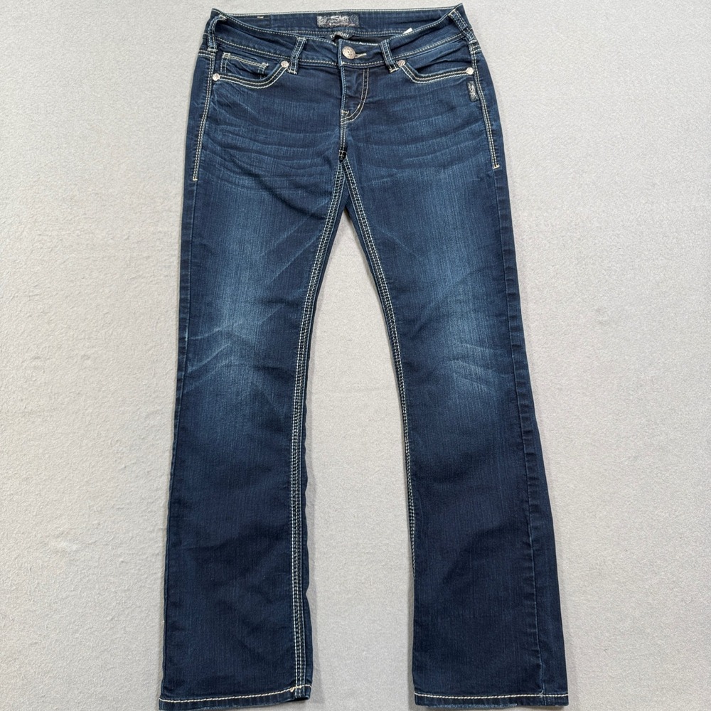 Silver Jeans Women's 29 Blue Denim Dark Wash Tuesday Low Baby Bootcut Whiskered